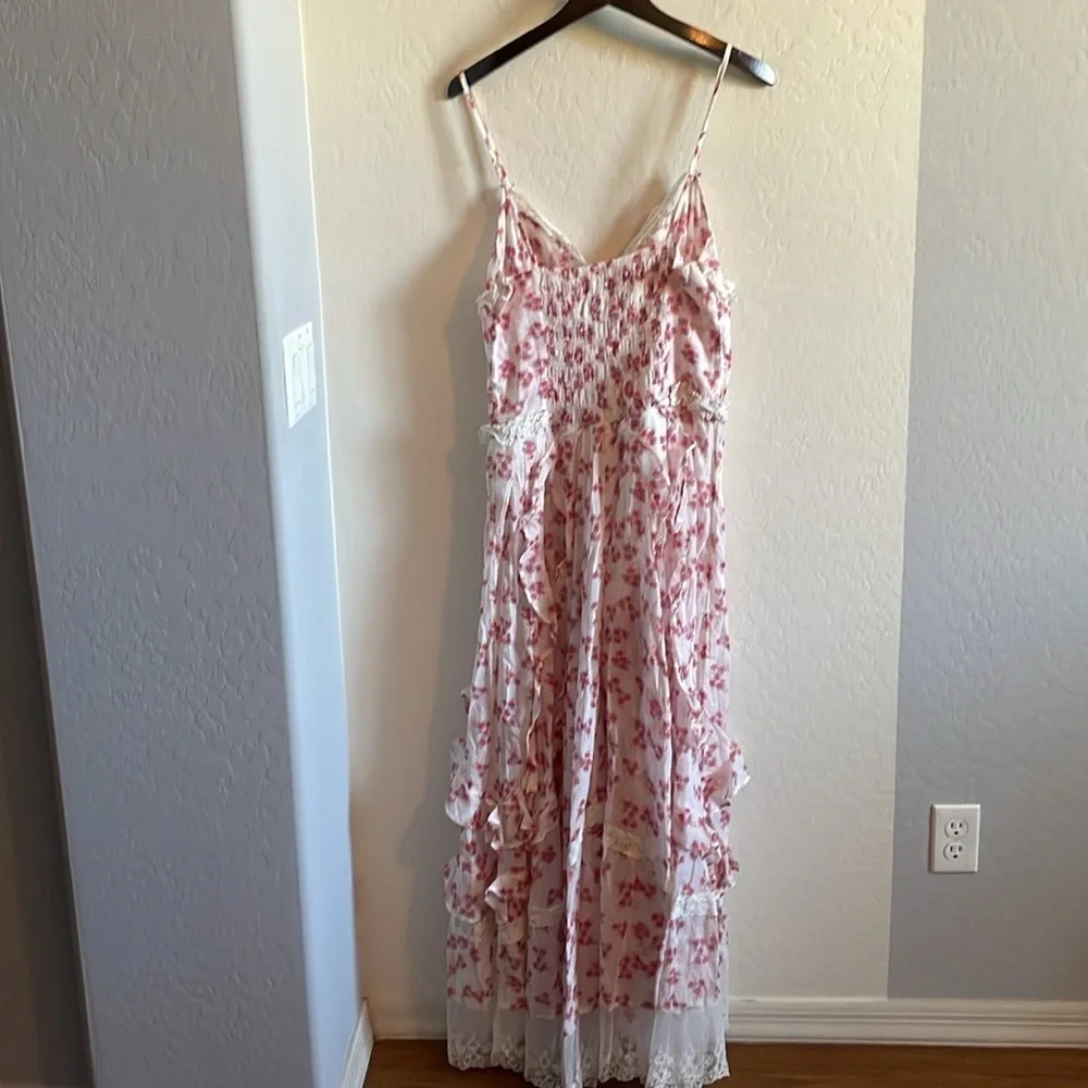 Free People Hearts Desire Bodysuit Ruffles Lace Embroidered Maxi Dress